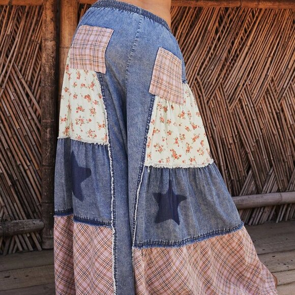 Multicolor Boho Women's Style Country Patchwork Plaid Loose Wide-Leg Casual Jean - Picture 6 of 7